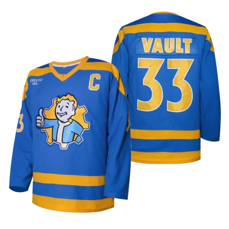 Vault 33 Hockey Jersey Blue Yellow Design with C Logo & Vault 33 Number, Athletic Long Sleeve Sportswear Top for Hockey Fans, Games & Events