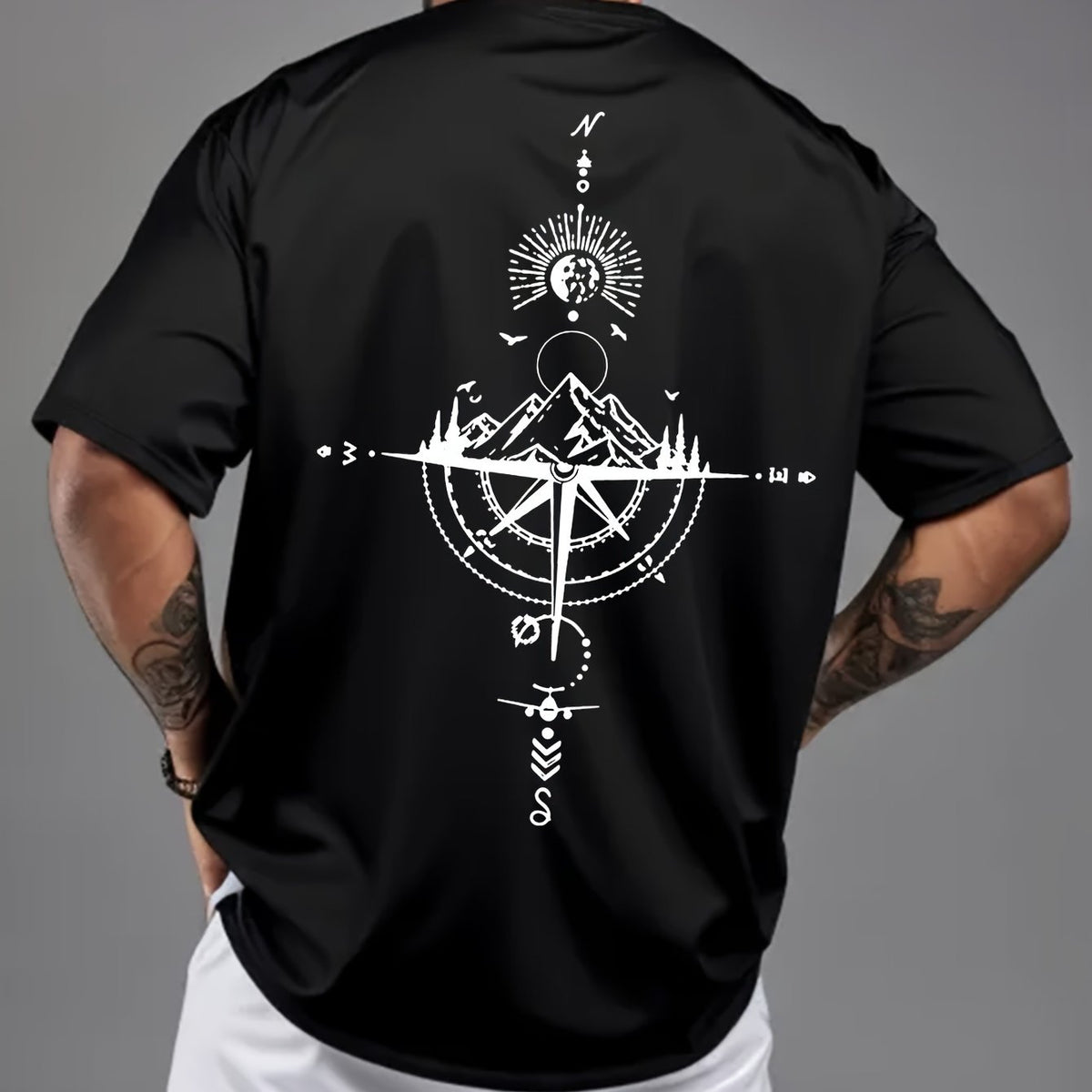 Men's vintage compass-print short-sleeve crew-neck casual athletic lightweight T-shirt; a versatile polyester top suitable for spring and summer wear.