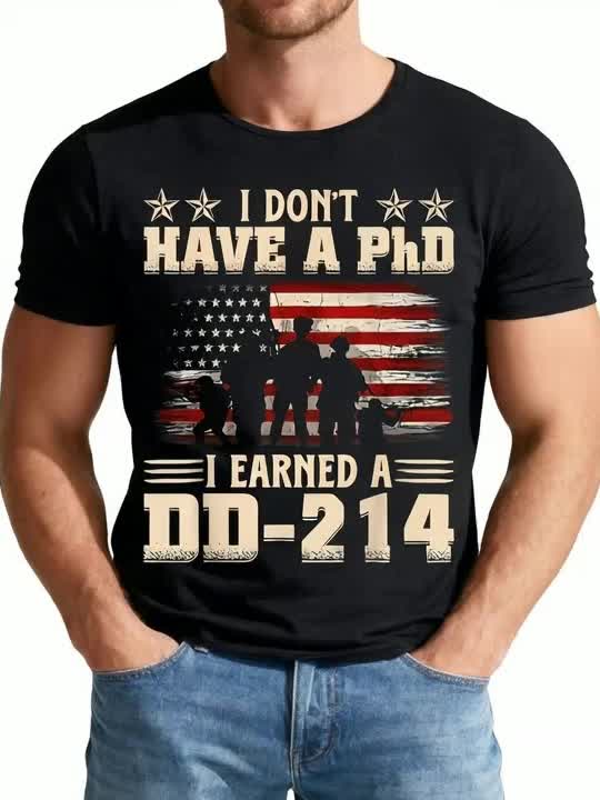DD214 Retro Flag T Shirt I Don'T Have A Phd I Earned A DD214 Retro Flag USA T Shirt Y2K Street Retro, Seasonal Casual And Trendy, Crew Neck, Breathable, Machine Washable, Plus Size Big & Tall, Casual Wear Pattern Print Crew Neck T-Shirt Gift