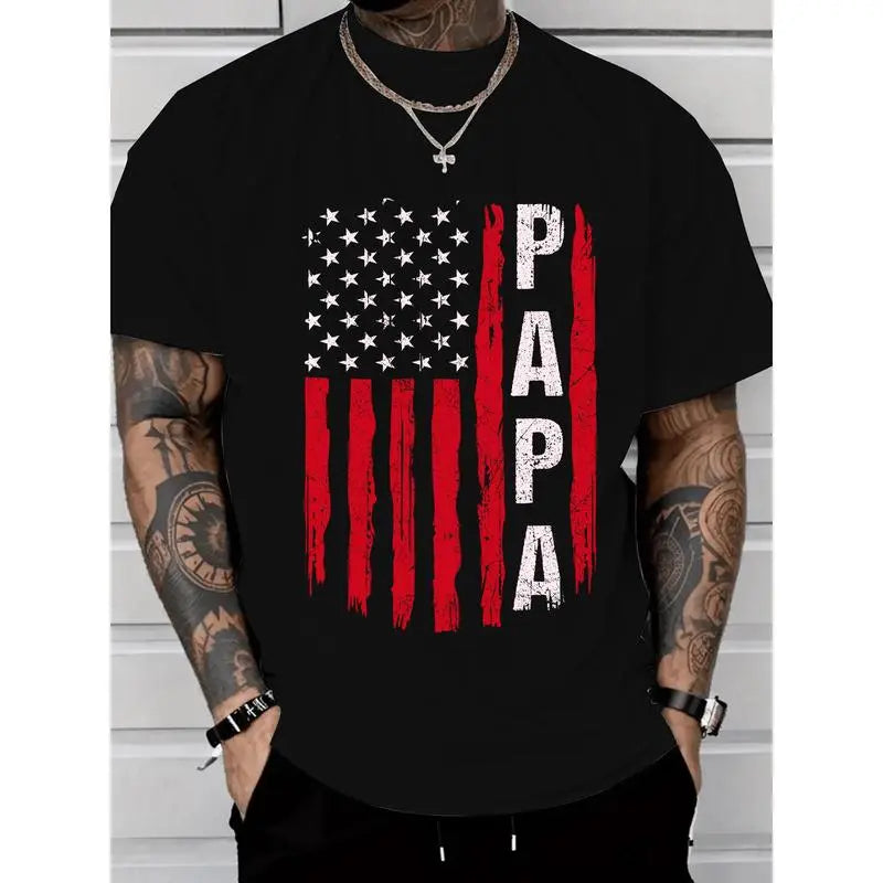 Men's Soft Cotton T-Shirt, Menswear for Grandfathers - 'Papa' Distressed American Flag Digital Print for Patriotic Affectionate Vibe