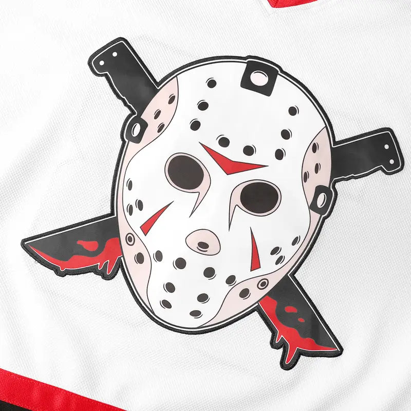 Jason Vorhees #13 Custom Sewn Performance Hockey Jersey - 95% Polyester Athletic Clothes, Modern Hockey Jersey with Horror Edge, Tie Neck, Durable, Breathable, Easy Care, Comfortable for Friday the 13th Halloween