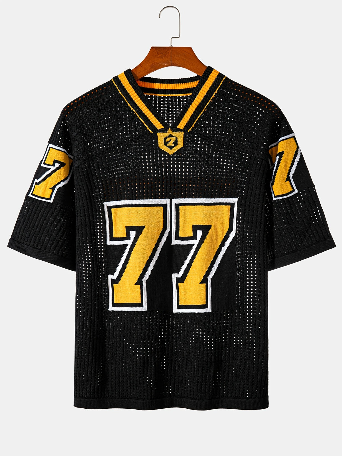 Chuan Ye Yi Selected Product - Mesh V-Neck Loose Fit Casual Fashion Rugby Jersey Style Short Sleeve Pullover Knitwear