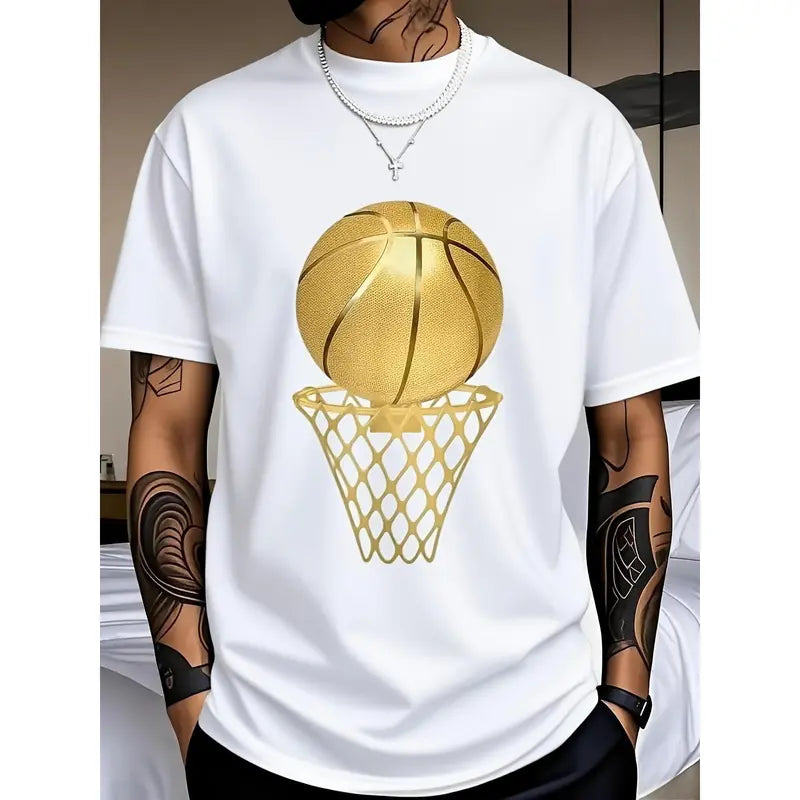 Men's Plus Size White Short Sleeve T-Shirt with Gold Basketball Graphic and Hoop Design - Trendy Casual Tee for Sports Lovers, Perfect for Indoor Wear or Street Style