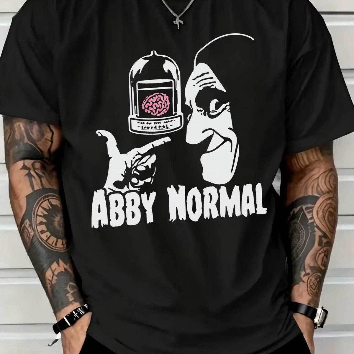 Men's Black Short Sleeve T-Shirt, Abby Normal Brain Jar Monster Graphic Print, Casual Halloween Novelty Top For Men