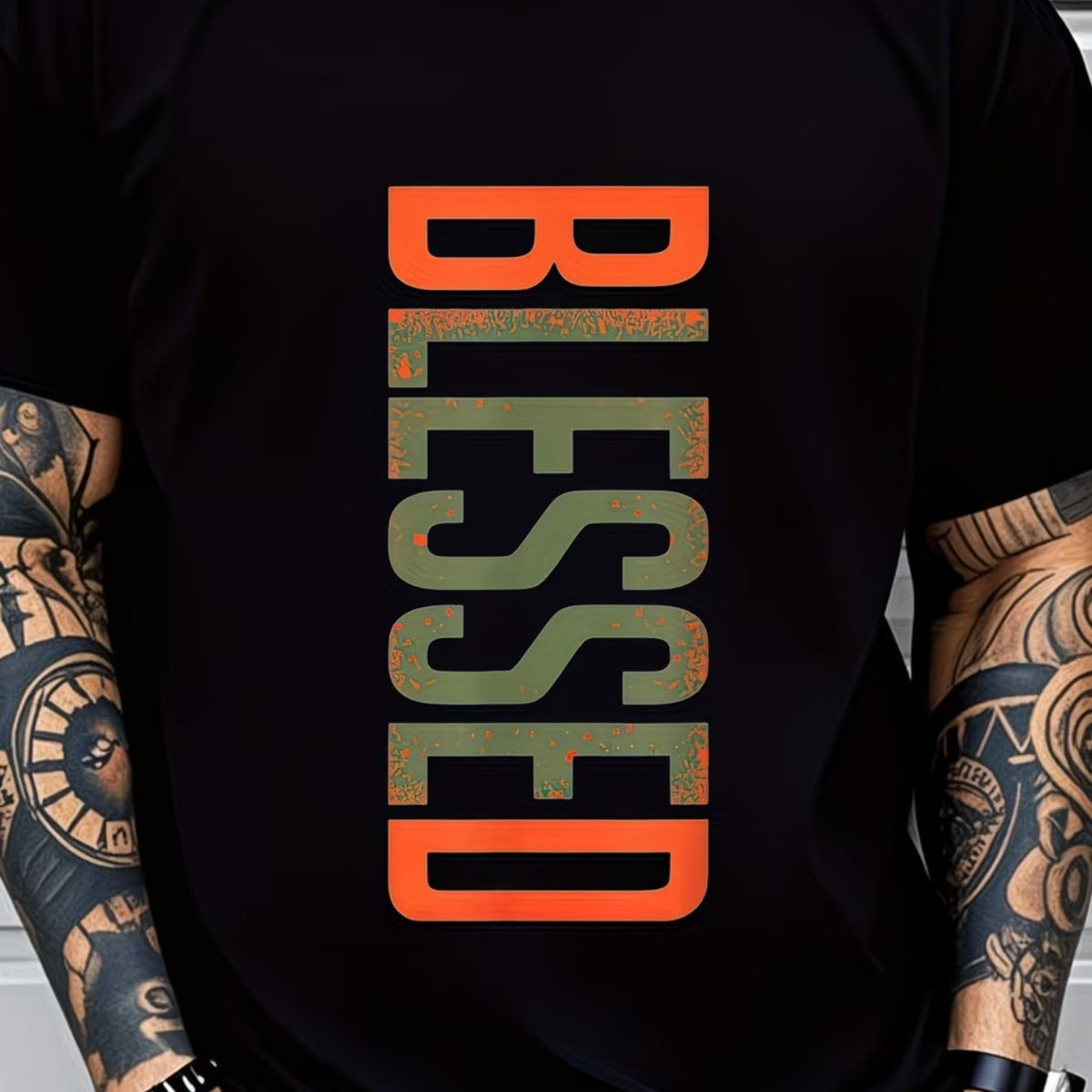 Christian Faith Themed BLESSED Letter Graphic Men's Printed T-Shirt, Soft and Lightweight, Crew Neck Short Sleeve Summer Tee, Unique Graphic T-Shirt for Men, Comfortable and Breathable Short Sleeve Tee, Stylish Men's Casual Top, Summer Fashion