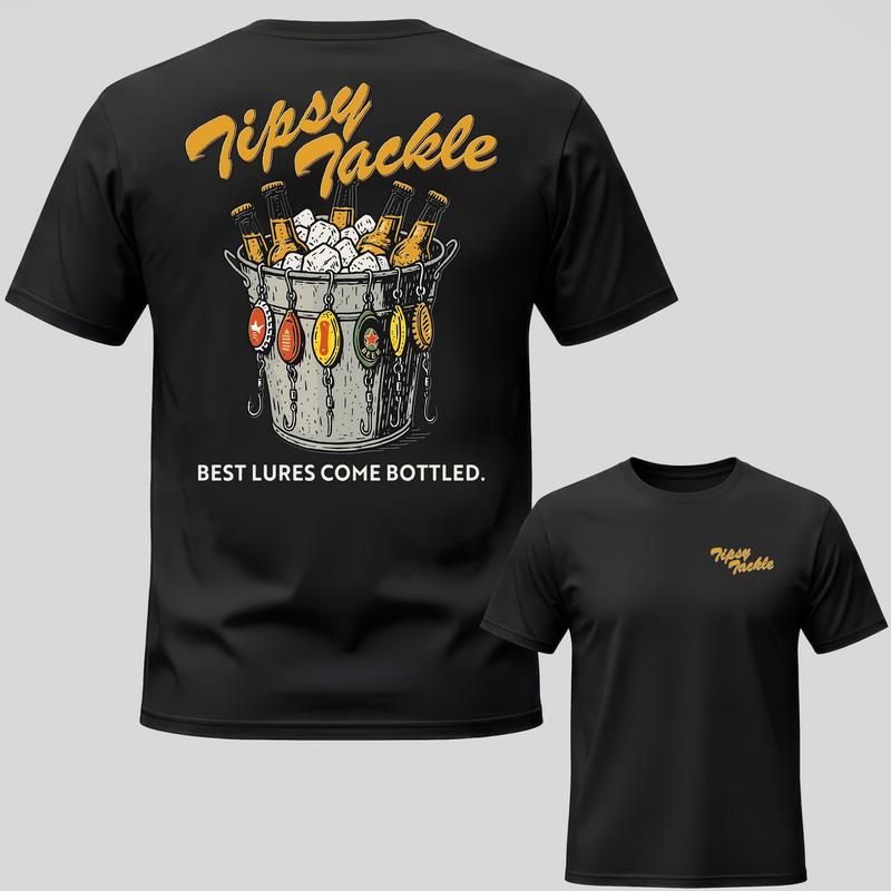 Tipsy Tackle Menswear Men's Short-Sleeve Cotton Round Neck Fishing T-Shirt - Funny Beer & Fishing All Over Print, Fisherman Gift, "Best Lures Come Bottled" Design, All Seasons Outdoor Boat Top