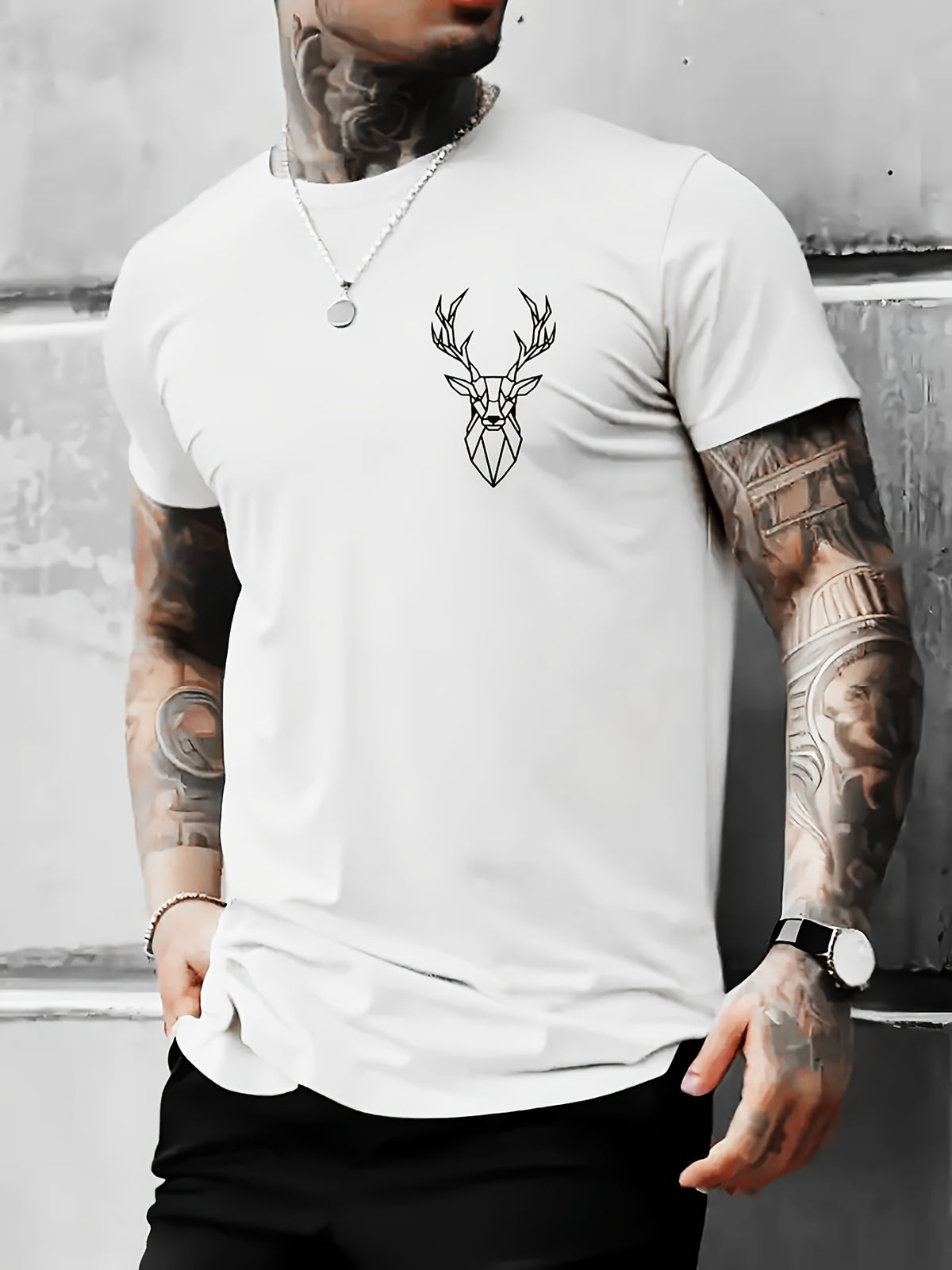 Men's stylish, casual short-sleeve T-shirt with a geometric antler print and classic shoulder fit—comfortable and versatile.