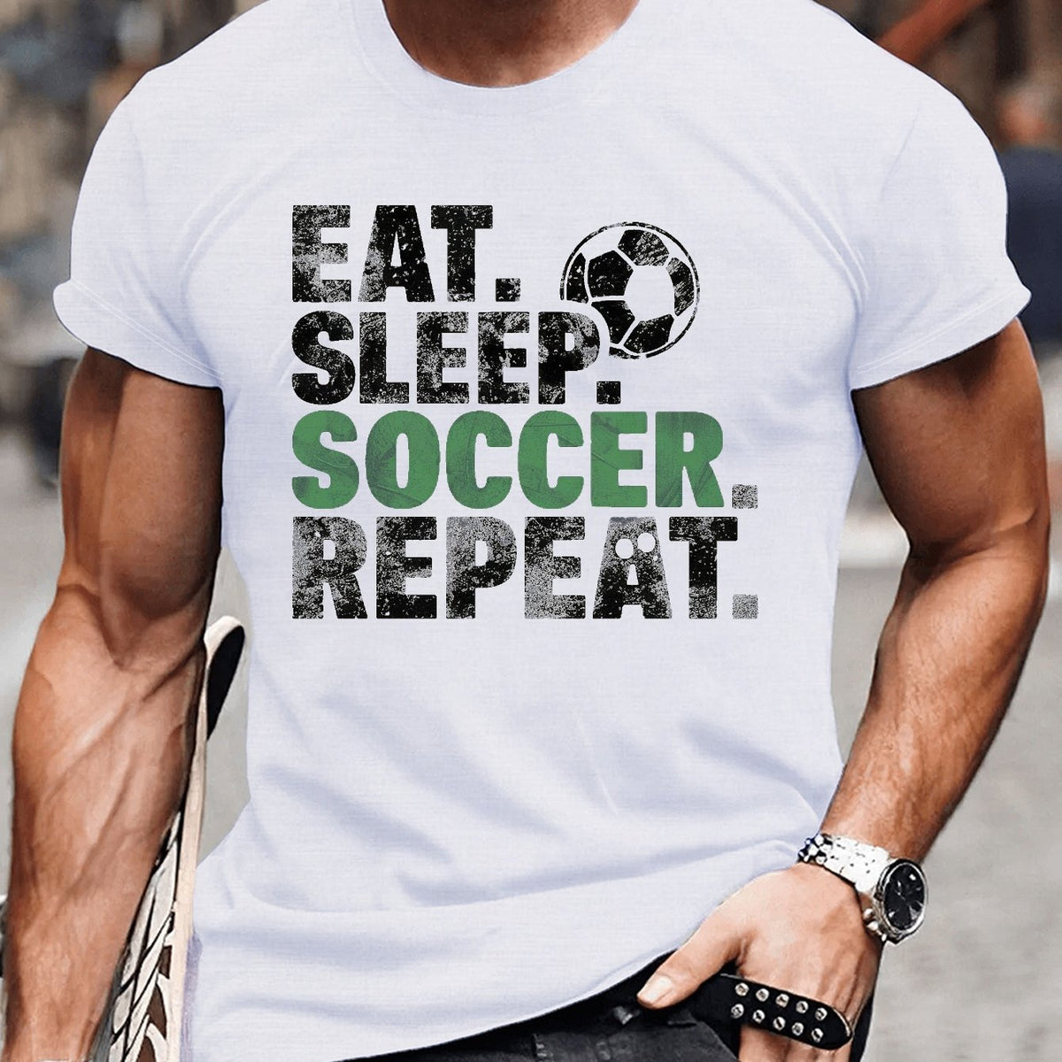 EAT SLEEP SOCCER REPEAT Print Tee Shirt, Tees for Men, Casual Short Sleeve T-shirt for Summer