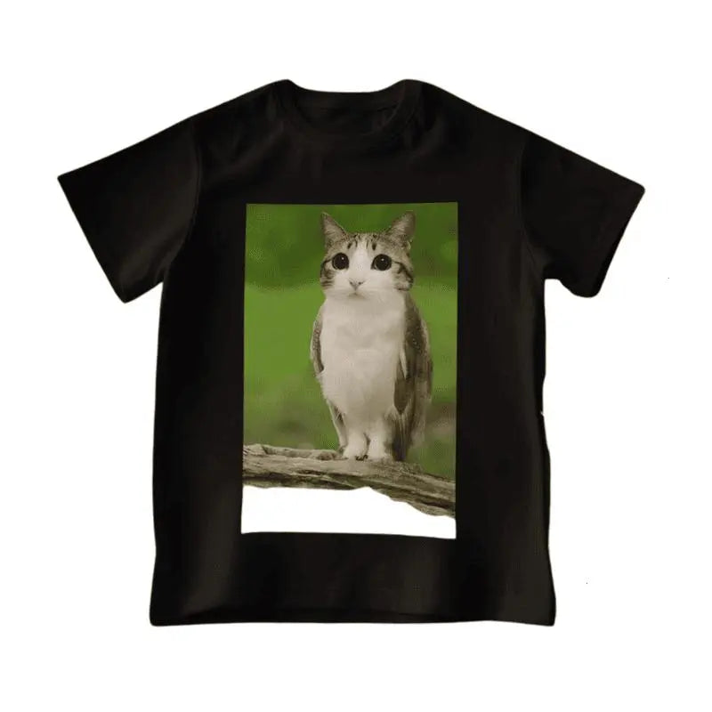 Men's Fitted Pure Cotton Short-Sleeve Tee - Retro Neutral Cartoon Meowl Cat Print Round Neck Funny Shirt, Casual Streetwear Top for American Style Enthusiasts