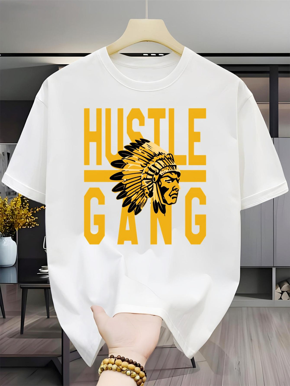 Hustle Gang Indian Headdress Men's Casual Short Sleeve Round Neck T-Shirt Outdoor Short Sleeve Breathable T-Shirt High-End Printed Round Neck Slightly Stretchy T-Shirt Easy to Care for and Versatile Top Suitable for Easter, Halloween