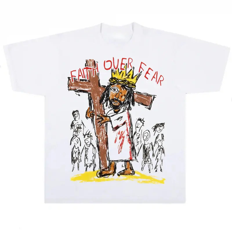 Men's Christian Bold Faith Over Fear Grunge Cotton Graphic Tee - Short-Sleeve, Fitted, Crew Neck, All Over Print, Casual Streetwear Christian Clothing, Men's Clothes, Size M