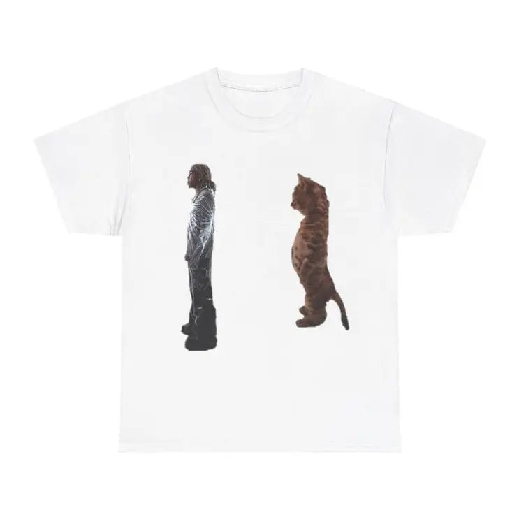 Men's Fitted Pure Cotton Basics T-Shirt - Short-Sleeve Round Neck, Destroy Lonely Standing Kitty Cat Print, Funny Graphic Tees, Casual Streetwear Top, Chinese New Year Made-To-Order All Over Print Menswear Apparel, Sohochic