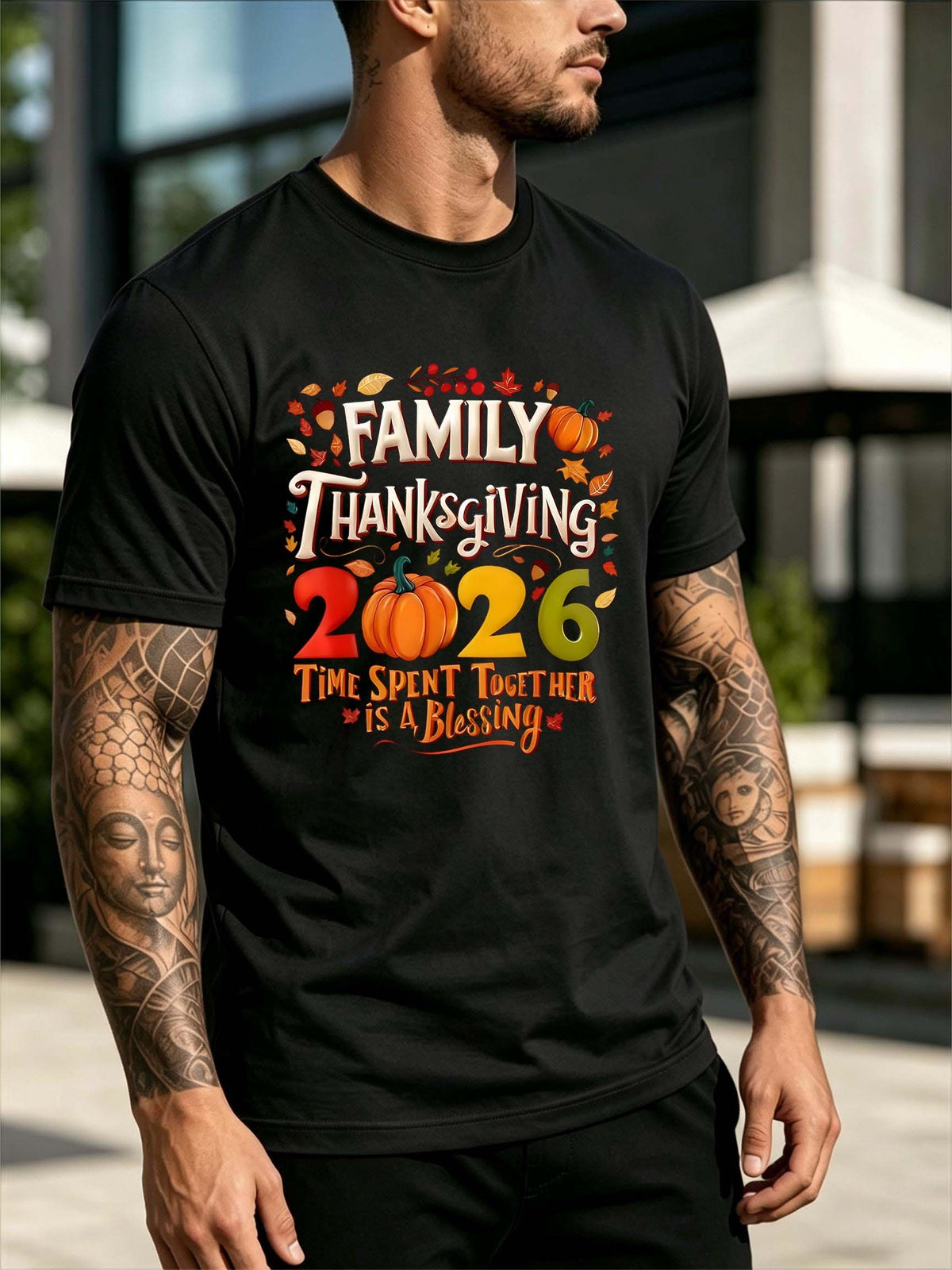 Family Thanksgiving 2026 Pumpkin Fall Leaf Slogan Men Short Sleeve T-Shirt Family Thanksgiving Gathering Crew Neck Tee