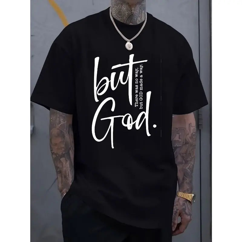 [100%25 Cotton]Men'S Cotton Crew Neck T-Shirt With "But God" Letter Print, Casual Street Style, All-Season Comfort Fit, Knit Fabric, Cotton T Shirts