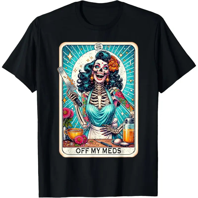 Men's Pure Cotton Fitted Cut Short Sleeve Crewneck T-Shirt - USA-Designed Menswear, Humorous Off My Meds Unhinged Tarot Card All-Over Full Print, Casual Streetwear Top (Easter, Valentines Day)