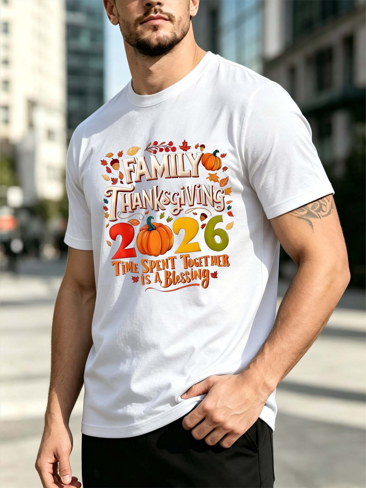 Family Thanksgiving 2026 Pumpkin Fall Leaf Slogan Men Short Sleeve T-Shirt Family Thanksgiving Gathering Crew Neck Tee