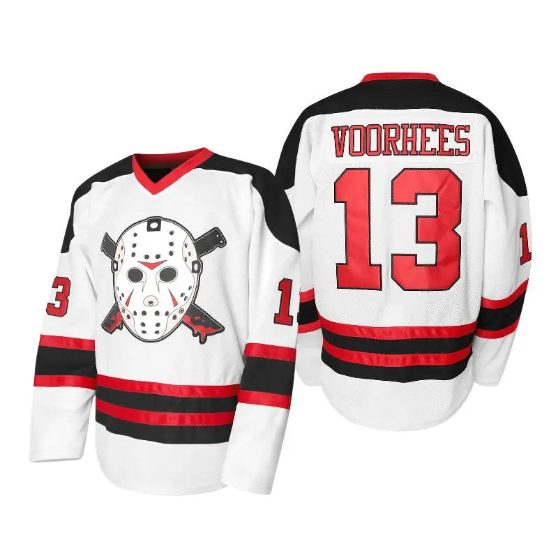 Jason Vorhees #13 Custom Sewn Performance Hockey Jersey - 95% Polyester Athletic Clothes, Modern Hockey Jersey with Horror Edge, Tie Neck, Durable, Breathable, Easy Care, Comfortable for Friday the 13th Halloween
