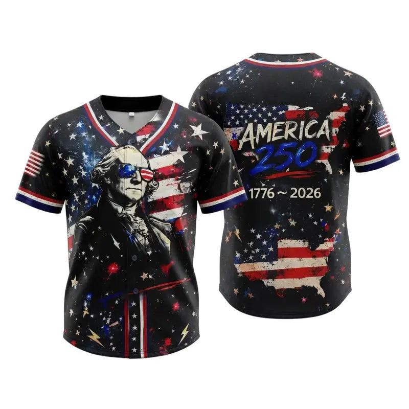 USA 250th Anniversary Patriotic Baseball Fashion Jersey - Flag & Statues Design, Short Sleeve, S/M Sizes, Oversized Professional Jersey Shirts for Fans, Casual Sporty Top for Sports & Outdoor Use