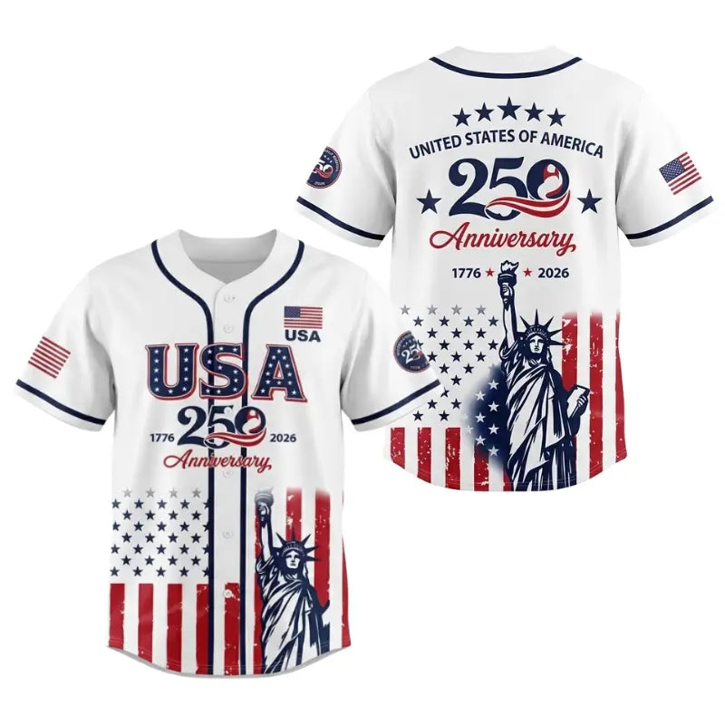 USA 250th Anniversary Patriotic Baseball Fashion Jersey - Flag & Statues Design, Short Sleeve, S/M Sizes, Oversized Professional Jersey Shirts for Fans, Casual Sporty Top for Sports & Outdoor Use
