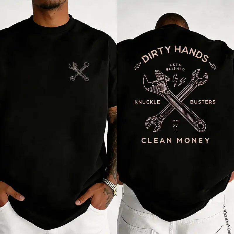 Men's Loose Fit Short-Sleeve Round Neck Sports & Outdoor Casual Wear T-Shirt - Velvet-Flannel Cotton Blend, Breathable Fabric, Elastic, Soft, Classic, Stylish, Anti-Static, Multi-Size, Original "Dirty Hands, Clean Money" Wrench Graphic, Boyfriend Gift