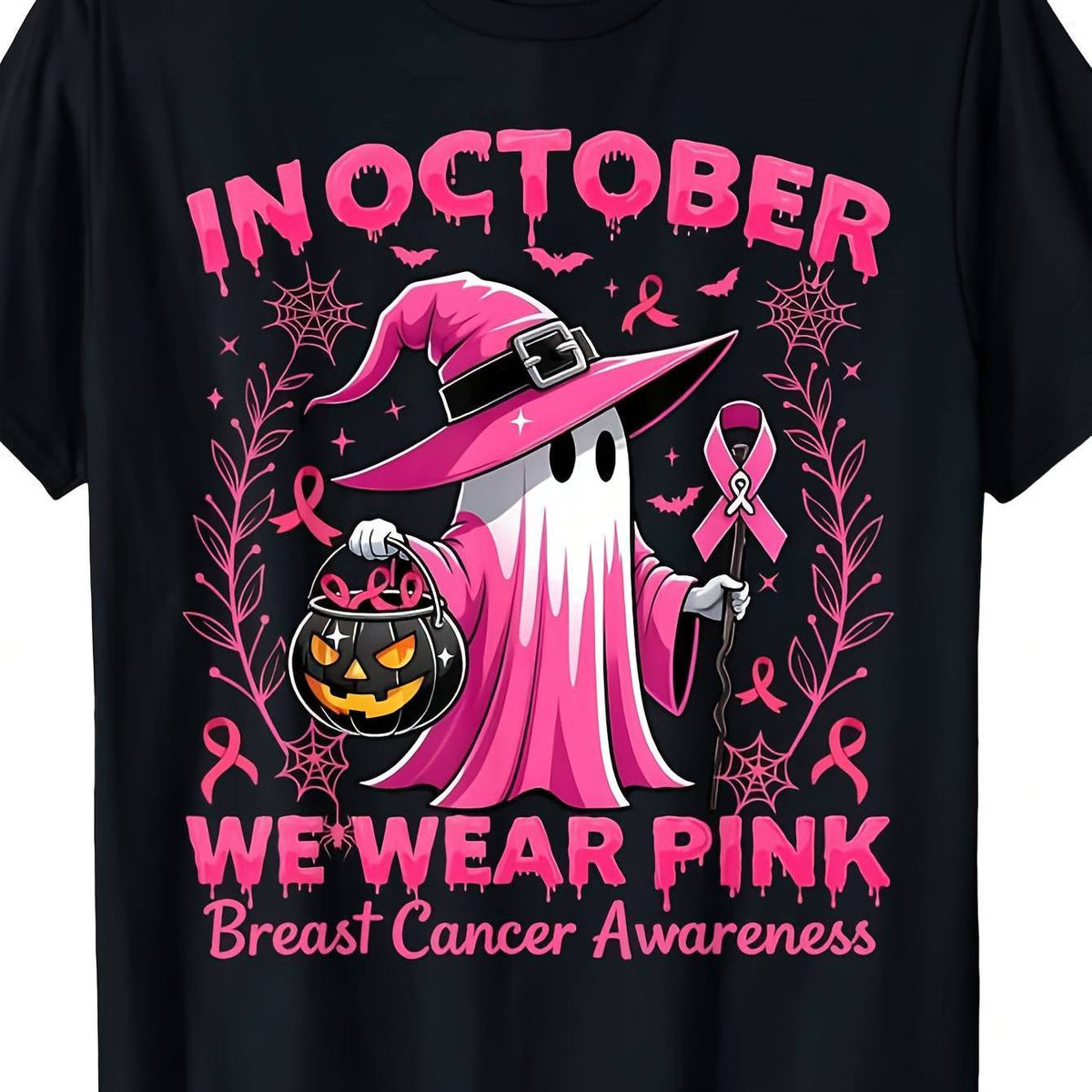 Men'S And Women'S Short Sleeve T-Shirt, October Pink Breast Cancer Awareness Items Halloween Graphic Print Crew Neck Tee, Public Welfare Holiday Casual Daily Top