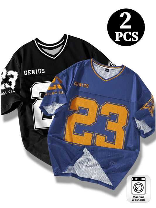 2pcs Men's American Vintage V-Neck Rugby Jersey Short Sleeve - Breathable Mesh Suitable for Summer Training, Casual Wear &, Loose Fit Number Print Uniforms, Machine Washable Numbered