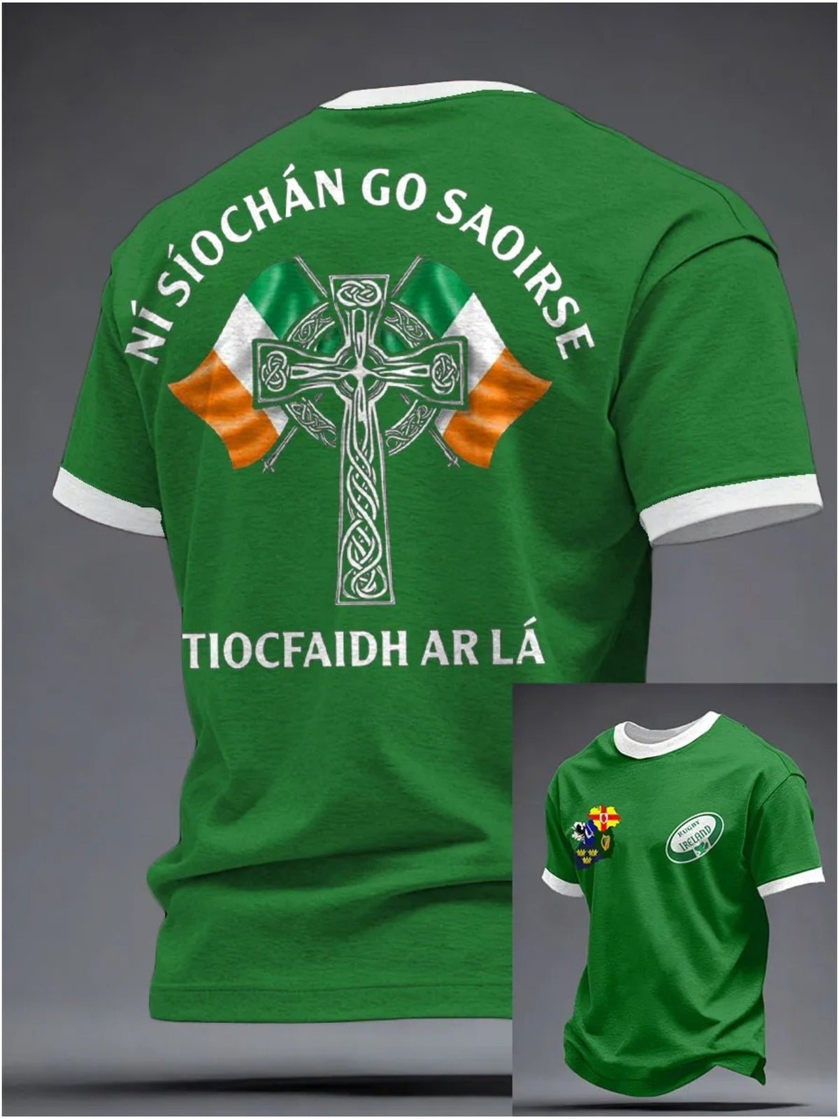 [Printed Design - Not Textured] Irish Rugby Sport, Unisex Crew Neck Short Sleeve, Breathable and Comfortable Green Top, Featuring Four Provinces and a Shamrock Pattern, a Casual Sportswear Suitable for Sports Enthusiasts
