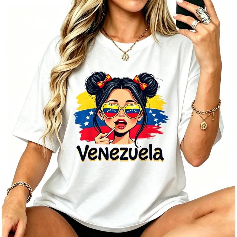 Women's Relaxed Loose Fit Cotton Sports Tshirt - Short Sleeve, Elastic, Breathable, Smooth Soft Comfortable Fabric, Venezuela Pride, Messy Bun Streetwear, Female Everyday Casual Top
