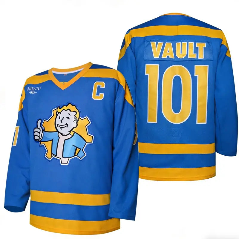 Vault 33 Hockey Jersey Blue Yellow Design with C Logo & Vault 33 Number, Athletic Long Sleeve Sportswear Top for Hockey Fans, Games & Events