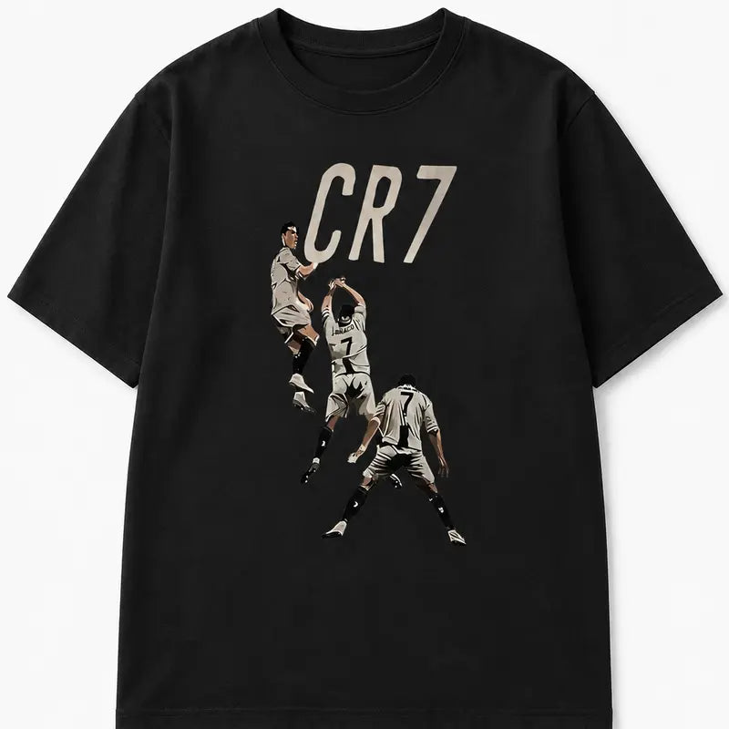 Men's & 's Ronaldo-Inspired CR7 Logo Design T-Shirt - White 'R' & '7' Lettering, Casual Round Neck Short Sleeve Tee for Fans, Casual Attire & Apparel