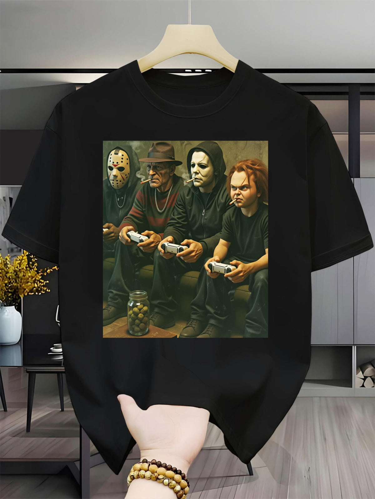 Halloween Characters Playing Video Games Men's Casual Short-Sleeve Crew Neck T-Shirt Outdoor Short-Sleeve Casual Breathable T-Shirt High-Quality Printed Crew Neck Slightly Stretchy T-Shirt Easy to Care Versatile Top Suitable Easter, Halloween