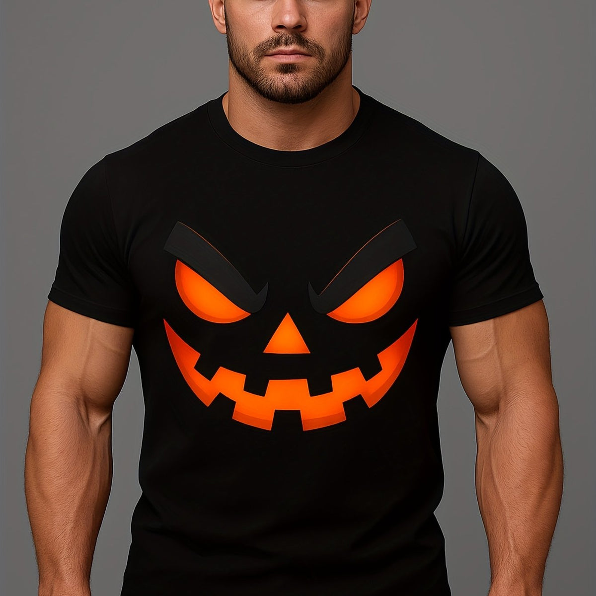 Men'S for Halloween Pumpkin Face Graphic T-Shirt, Black with Orange Jack-O'-Lantern Eyes, Soft Breathable Crew Neck Tee for Halloween Costumes, Parties, Casual Attire, Spooky Fall Outfit, Gift for Him