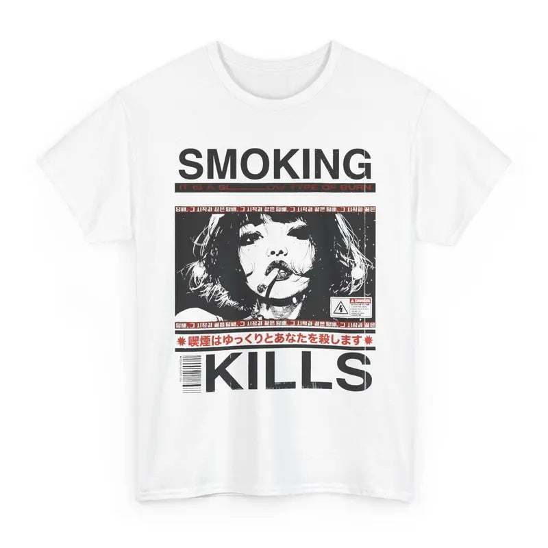 Smoking Kills Retro Manga Style Graphic T-Shirt, Cotton Tee