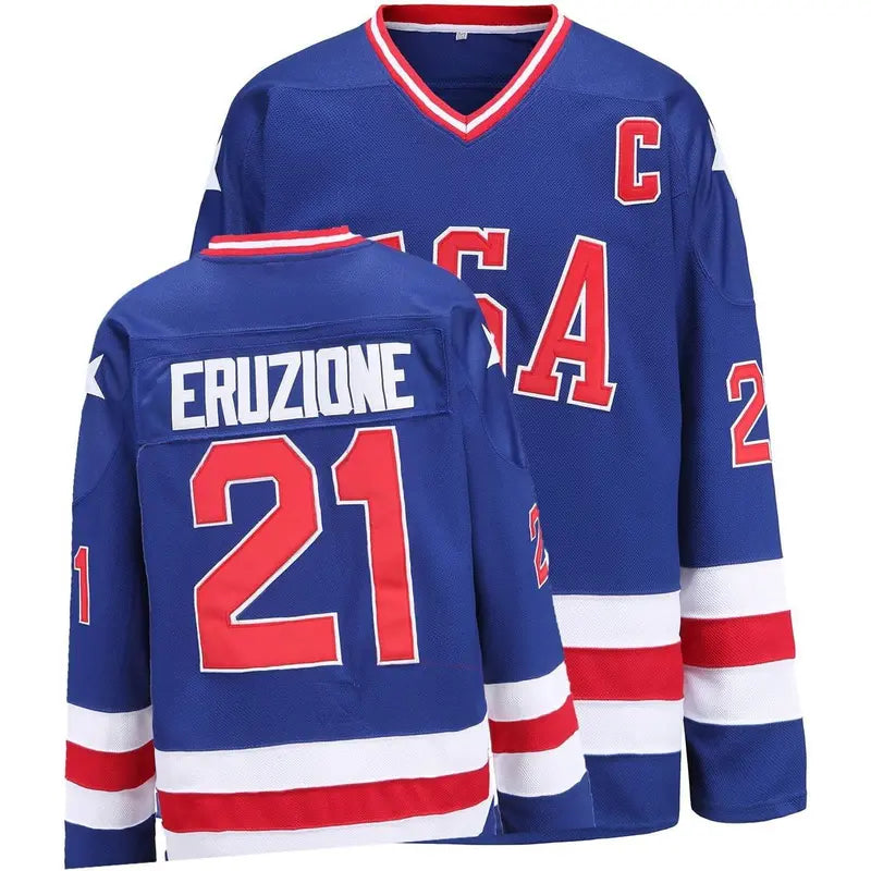 Men's #21 Miracle Movie Embroidered Letters Hockey Jersey - Long Sleeve Embroidered Polyester Mesh Single Layer Twill Athletic Fashion Activewear, Breathable Quick Dry Gym Wear with Airflow Holes, Fast Vents, S-XL Fit Range, S-XXXL Sizes for US Pride