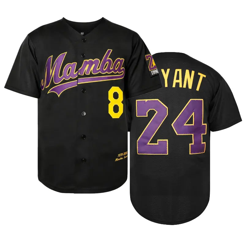 Men's Loose-Fitting Polyester Short Sleeve Shirt - V-Neck Button-Down Kobe-Inspired Baseball Embroidered Jersey, 24 Large Number Back Athletic Top for Casual Wear, Hip Hop Performances