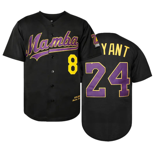 Men's Loose-Fitting Polyester Short Sleeve Shirt - V-Neck Button-Down Kobe-Inspired Baseball Embroidered Jersey, 24 Large Number Back Athletic Top for Casual Wear, Hip Hop Performances