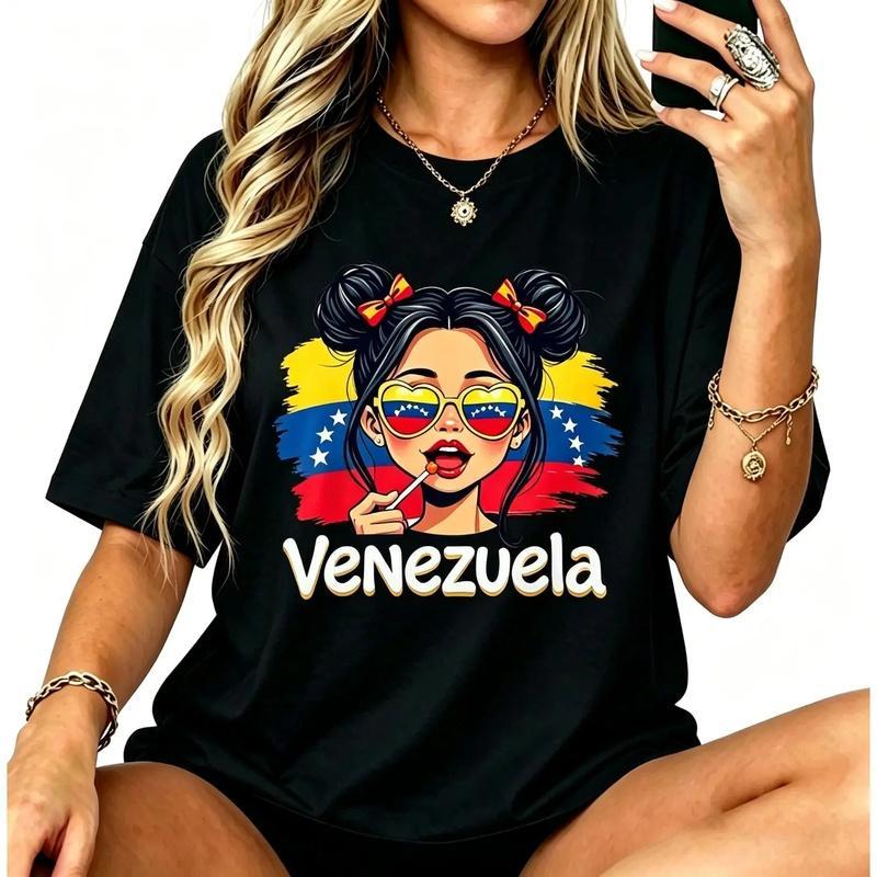 Women's Relaxed Loose Fit Cotton Sports Tshirt - Short Sleeve, Elastic, Breathable, Smooth Soft Comfortable Fabric, Venezuela Pride, Messy Bun Streetwear, Female Everyday Casual Top