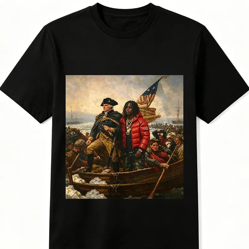 Oversize Cotton Graphic Print Tee - US History Art Chief Washington Crossing the Delaware Meme Design, Oversize Street Fit, 250th Independence Day Y2k Sports Top, Machine Washable for Easy Care, Easy Go-To Casual Gift