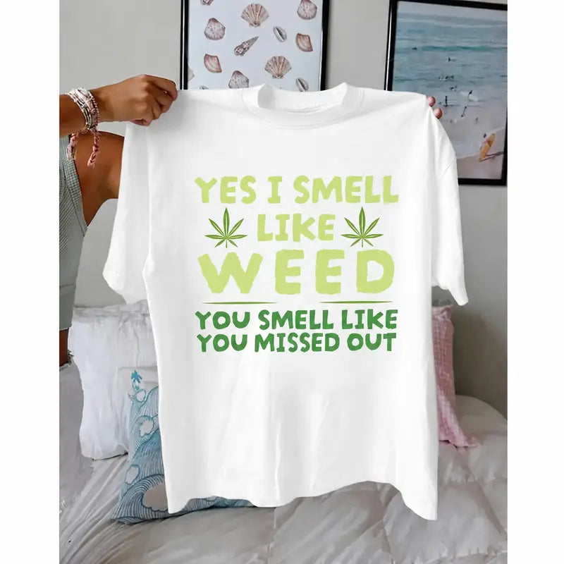 Men's 100%25 Pure Cotton Graphic T-Shirt - Funny Weed Leaf Print, Round Neck, Short Sleeve, Fitted Cut, Ribbed Fabric, Chic Casual Streetwear, Party Outfit, Birthday Gift for Boyfriend