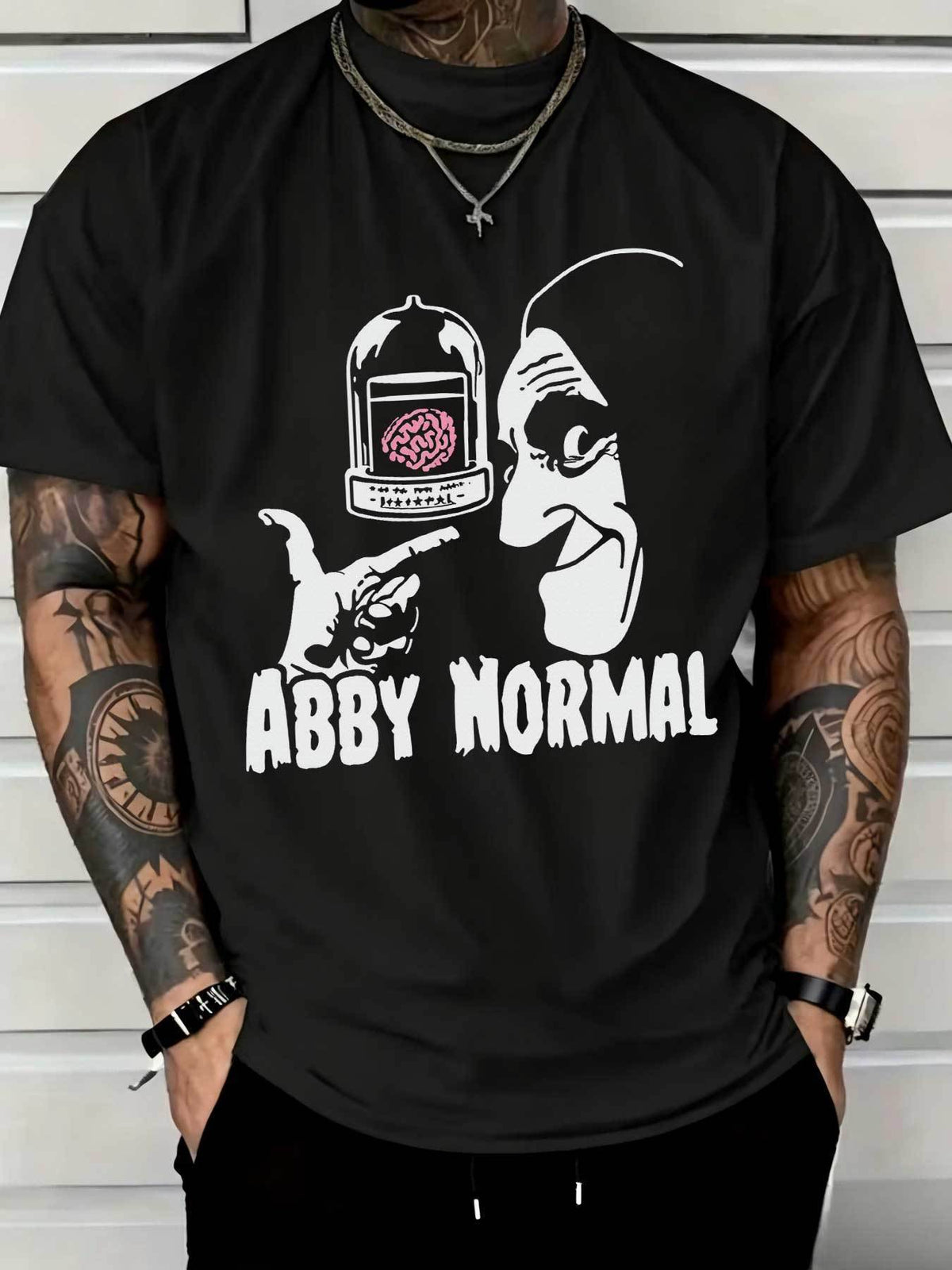 Men's Black Short Sleeve T-Shirt, Abby Normal Brain Jar Monster Graphic Print, Casual Halloween Novelty Top For Men