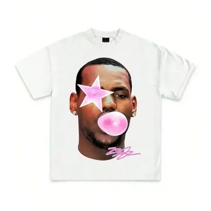 Men's Lebron Basketball Graphic Tshirt - 220G Pure Cotton, Regular Fit, Heavyweight, Single-Sided Print, Round Neck, Shortsleeve, Cold Wash Safe, Plant Pattern, Premium Quality, Y2K Rap Inspired, Casual Menswear Top