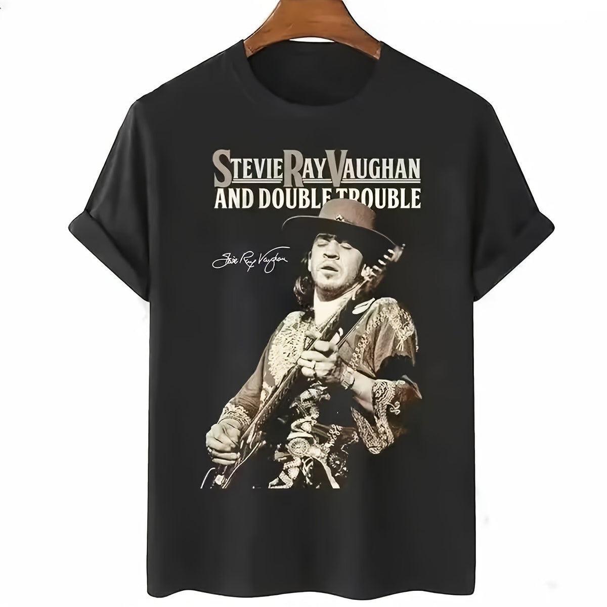 Unique Patterned Black T-Shirt - Rolled Sleeve Design, Metallic Font with Monochrome Guitar Illustration - Stylish Casual T-Shirt for Music Lovers, Perfect for Everyday Wear Or Concerts - Comfortable Fabric for All-Day Ease.