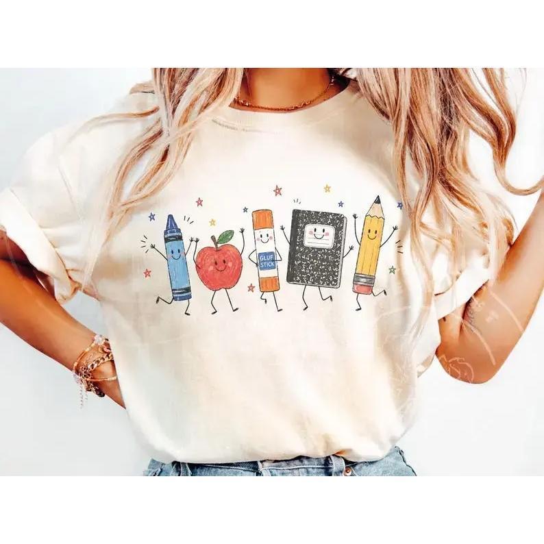 Men's Pure Cotton Slim-Fit Comfort Colors Short-Sleeve Round-Neck Casual Teacher Tshirt - All-Season School Print Sublimation Top, Crayon Pencil Notebook Classroom Gift Apparel