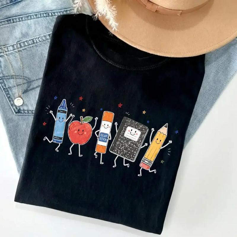 Men's Pure Cotton Slim-Fit Comfort Colors Short-Sleeve Round-Neck Casual Teacher Tshirt - All-Season School Print Sublimation Top, Crayon Pencil Notebook Classroom Gift Apparel