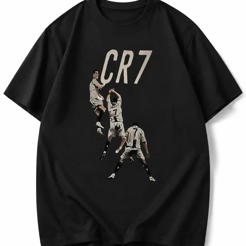 Men's & 's Ronaldo-Inspired CR7 Logo Design T-Shirt - White 'R' & '7' Lettering, Casual Round Neck Short Sleeve Tee for Fans, Casual Attire & Apparel