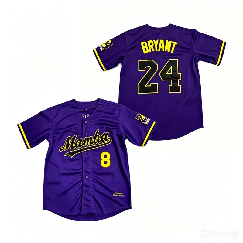 Men's Loose-Fitting Polyester Short Sleeve Shirt - V-Neck Button-Down Kobe-Inspired Baseball Embroidered Jersey, 24 Large Number Back Athletic Top for Casual Wear, Hip Hop Performances