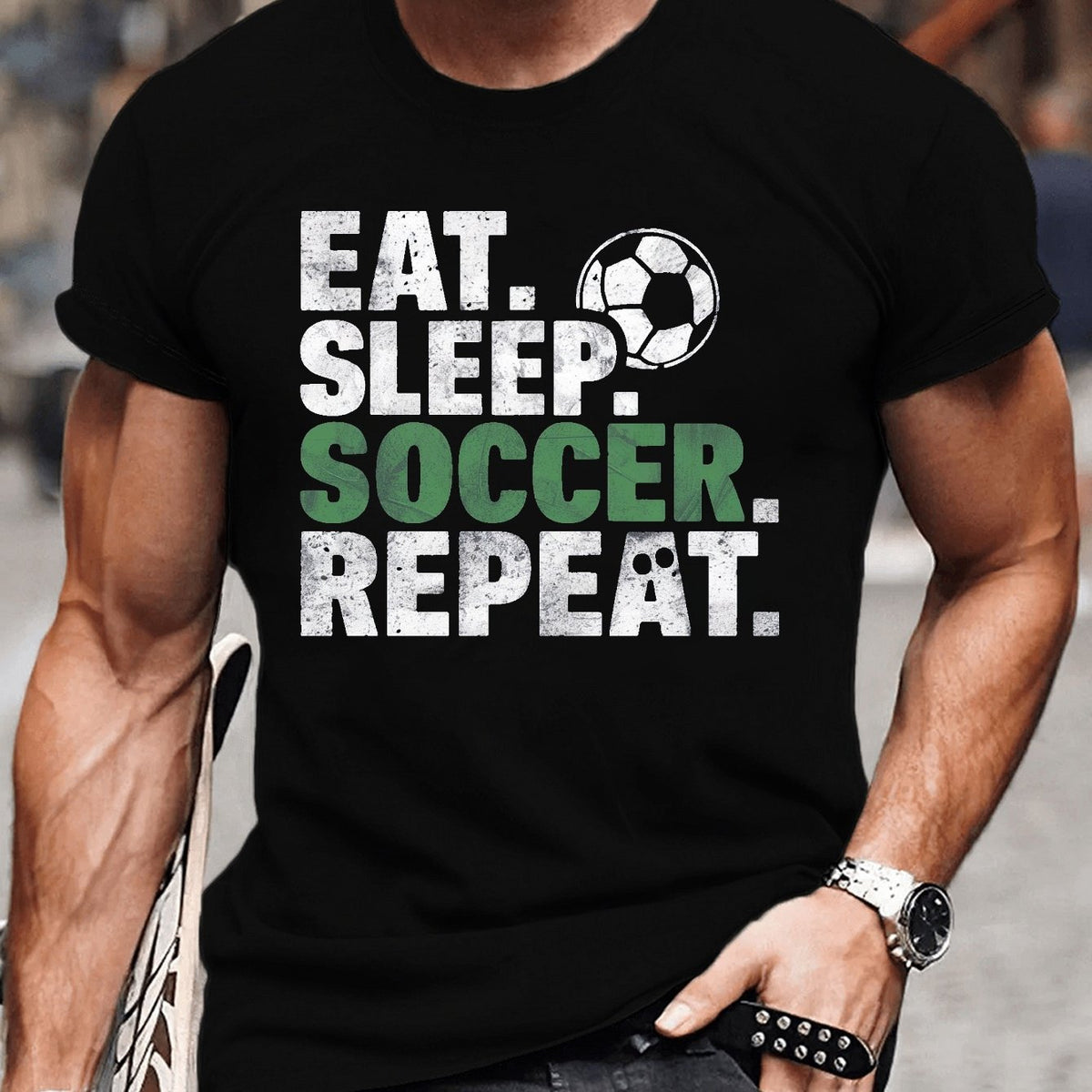 EAT SLEEP SOCCER REPEAT Print Tee Shirt, Tees for Men, Casual Short Sleeve T-shirt for Summer