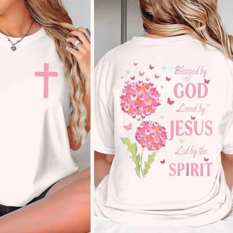 Men's Chic Fitted Printed Round Neck Short-Sleeve Cotton T-Shirt - Blessed By God, Loved By Jesus, Led By The Spirit, New Year Casual Streetwear Perfect Fit Tops