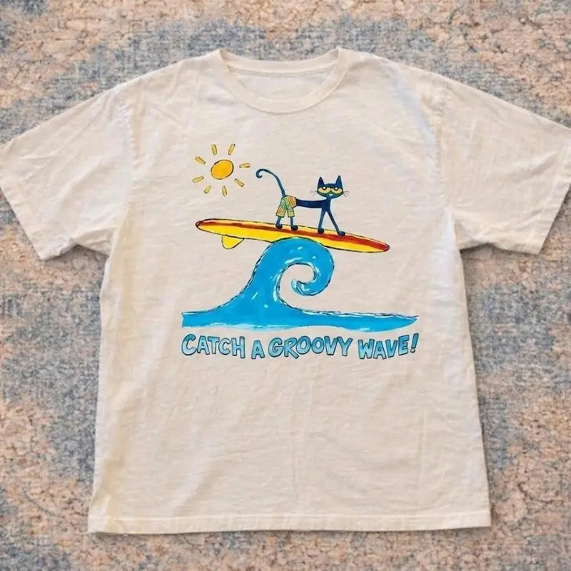 Pete The Cat Catch A Groovy Wave T-Shirt, Summer Tshirt, Pete The Cat, Unisex Vintage Graphic Tees Gothic Grunge Y2K Emo Scene Amity Affliction Style Clothes Men Women Streetwear