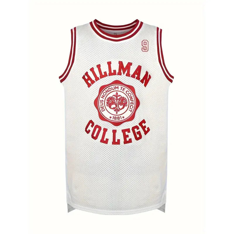 Men's Hillman College #9 Knit Fabric Crew Neck Basketball Jersey Tank Top - Men's Clothing, Mature Male Fit, Loose, Athletic Sportswear, Machine Washable for Running, Going Out, Professional Sports Use